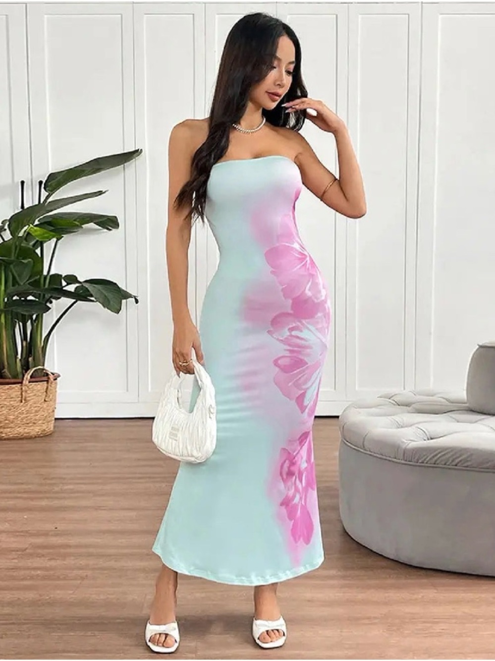 Pastel Pink & Mint Floral Women's Print Backless Maxi Dress